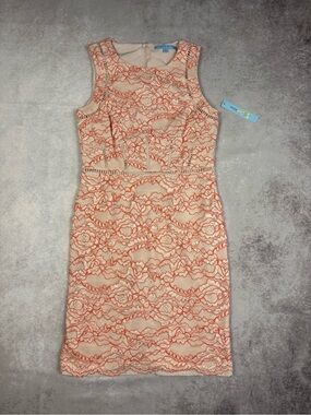 NWT Antonio Melani Barb Dress Sheath Embroidered Floral Lace Hot Mango/Swan Size